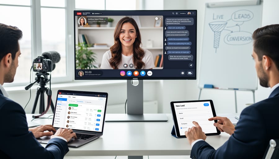 Business professional conducting live stream presentation with laptop showing viewer engagement
