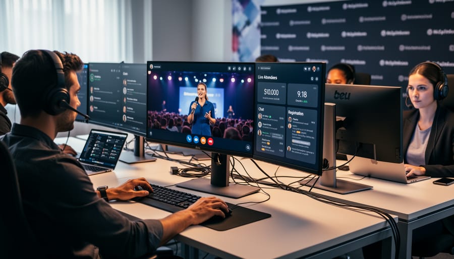 Professional attending live webinar on laptop with multiple video participants visible on screen