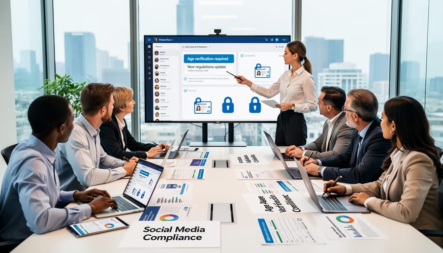 Business team reviewing compliance documents and digital marketing materials in meeting