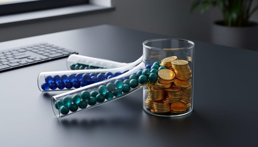 Three transparent tubes carrying colored marbles merge into a glass jar of gold coins on a dark desk, with soft studio lighting and a blurred office background, representing multi-touch attribution driving revenue