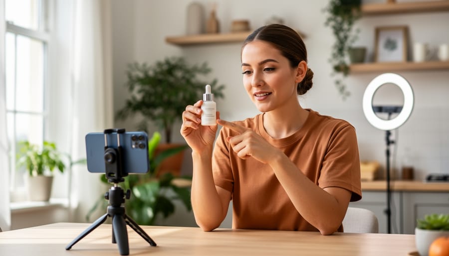 Micro-influencer at a kitchen table holding an unbranded skincare bottle, speaking to a smartphone on a tripod in soft natural light, with a blurred home-studio background of plants, shelves, and a ring light to convey authenticity.