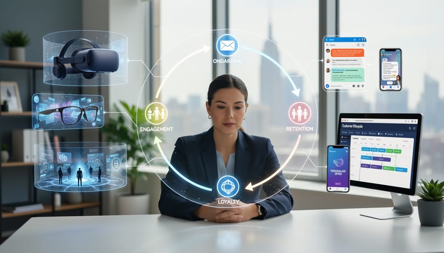 Person using smartphone and AR glasses for integrated customer engagement in retail setting