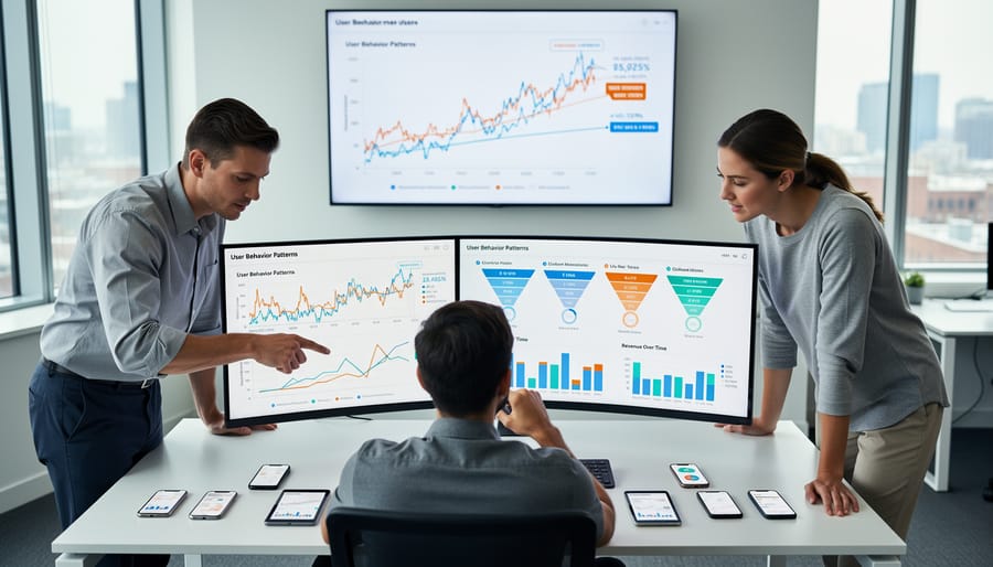 Business professional analyzing mobile app user data on smartphone at modern office desk