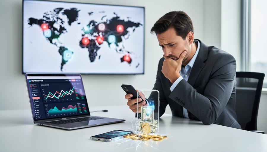 Business person reviewing declining mobile app metrics on smartphone screen