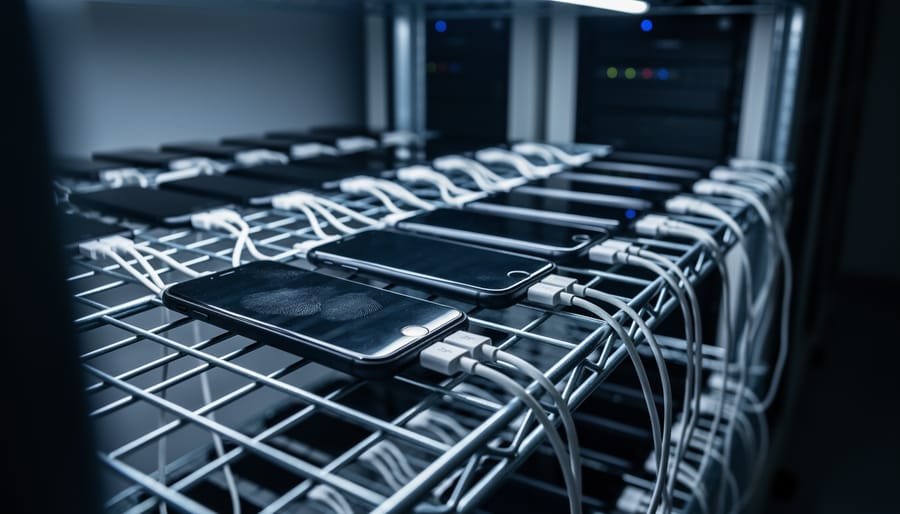 Rows of identical smartphones tethered to USB hubs on metal racks under cool blue lighting, with one phone in sharp focus and others blurred, symbolizing bot-driven phone farms and mobile app install fraud.