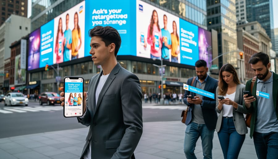 Pedestrians with smartphones walking past digital advertising screens in transit area