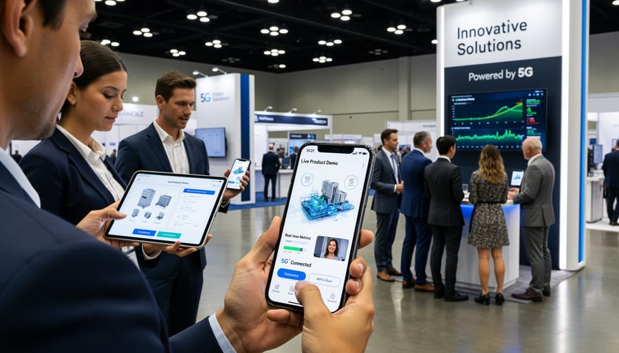 Sales representative showing interactive product demonstration on tablet to client at trade show