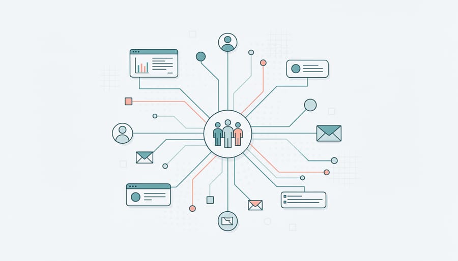Overhead view of connected business devices and tools on organized desk