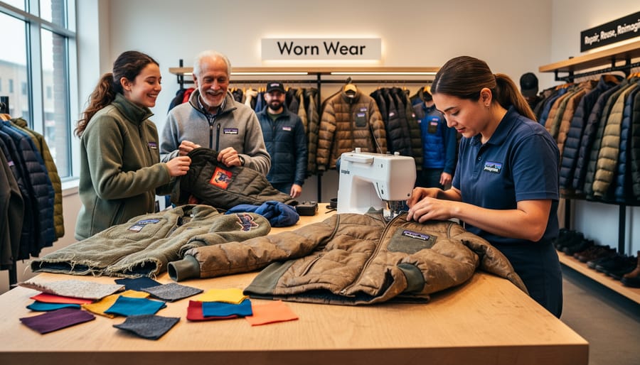 Community members collaborating to repair outdoor clothing at Patagonia Worn Wear workshop