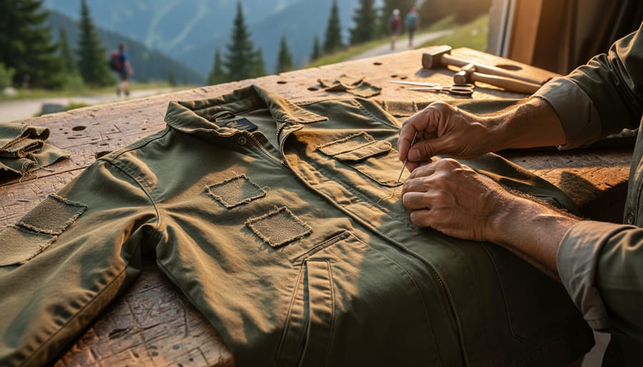 Close-up, top-down view of hands stitching patches onto a weathered olive-green jacket on a wooden workbench outdoors, lit by warm golden sunlight, with a softly blurred alpine trailhead, pine trees, and a few distant hikers in the background.