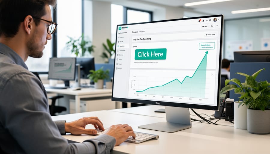 Business professional clicking mouse at modern desk workspace