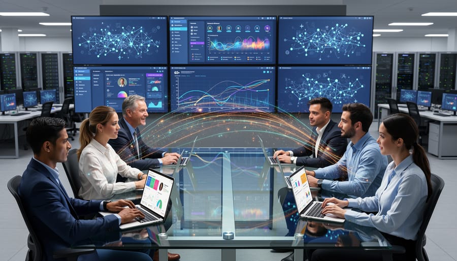 Modern data center server room with illuminated computer equipment