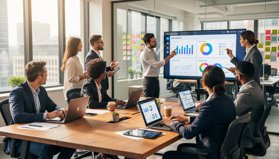 Marketing team celebrating successful project implementation in modern office