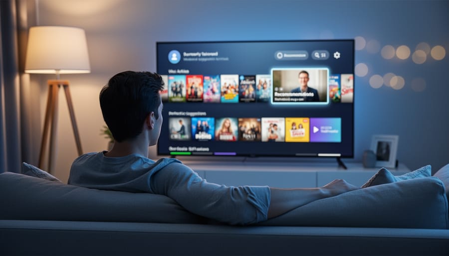 Woman engaged in streaming content on laptop in cozy home setting