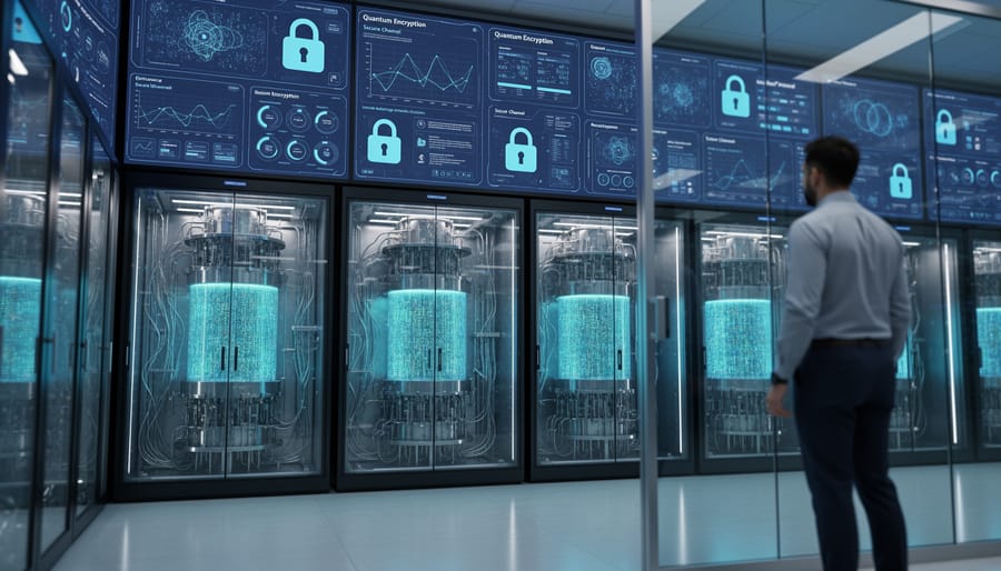Close-up of quantum computing processor chip with blue glowing circuits and fiber optic connections