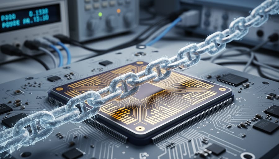 Macro photo of a superconducting quantum processor chip with a translucent chain-link motif across it, lit in cool blue tones, with lab electronics and cryogenic wiring softly blurred in the background