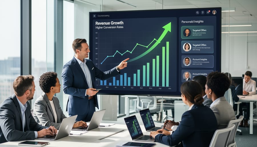 Business professional reviewing growth metrics and financial data on digital tablet