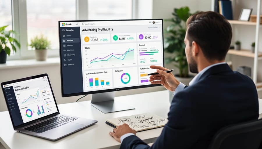 Calculator with money and shopping symbols representing revenue-focused advertising metrics