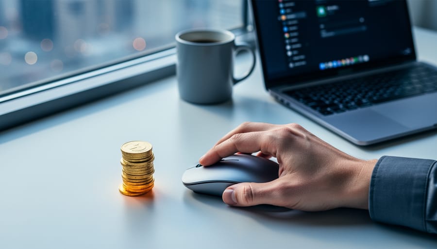Close-up of a hand clicking a computer mouse next to stacked gold coins on a modern desk with a blurred laptop and window, representing pay-per-click advertising and budget control.