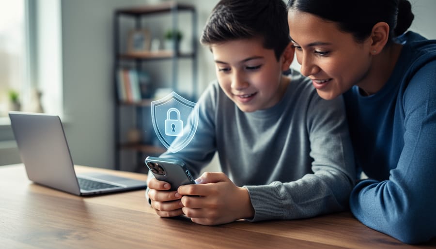 Parent beside a preteen verifying age on a smartphone with a glowing shield-and-lock symbol above it, laptop and bookshelf blurred in a softly lit home background, no visible text or logos.