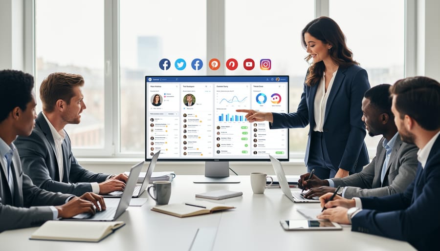 Professional workstation setup showing social media management across multiple platforms