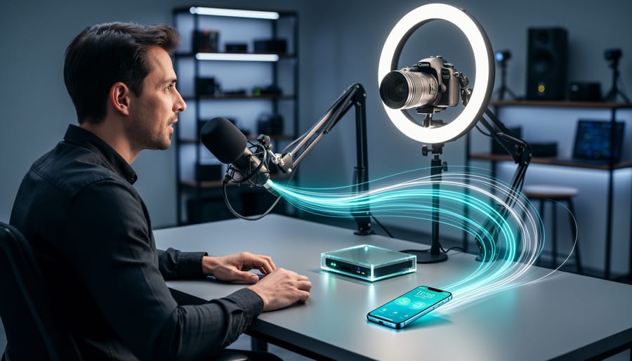 Live-stream host with camera, microphone, and ring light as glowing light trails flow into a glass hub and to a smartphone, illustrating automated CRM lead capture and quick follow-ups in a modern studio.