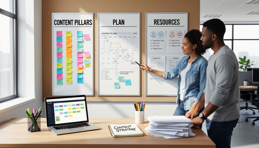 Overhead view of organized content planning workspace with laptop and planning materials