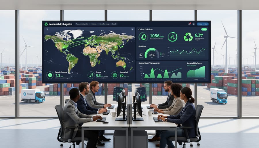 Laptop showing supply chain transparency technology on sustainable office desk