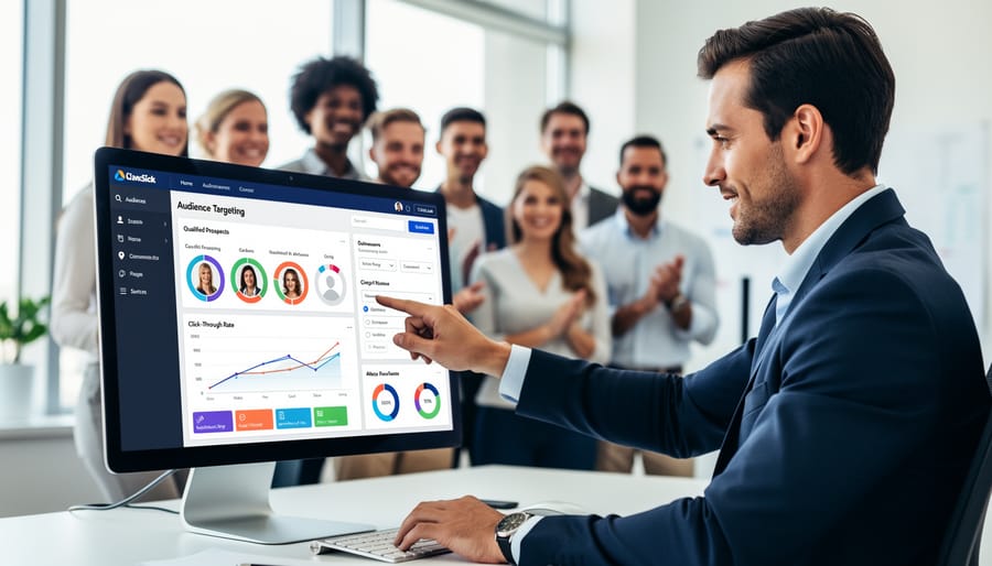 Business team collaborating on digital marketing strategy in modern office