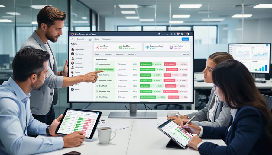 Business team reviewing lead tracking analytics and engagement data on monitor