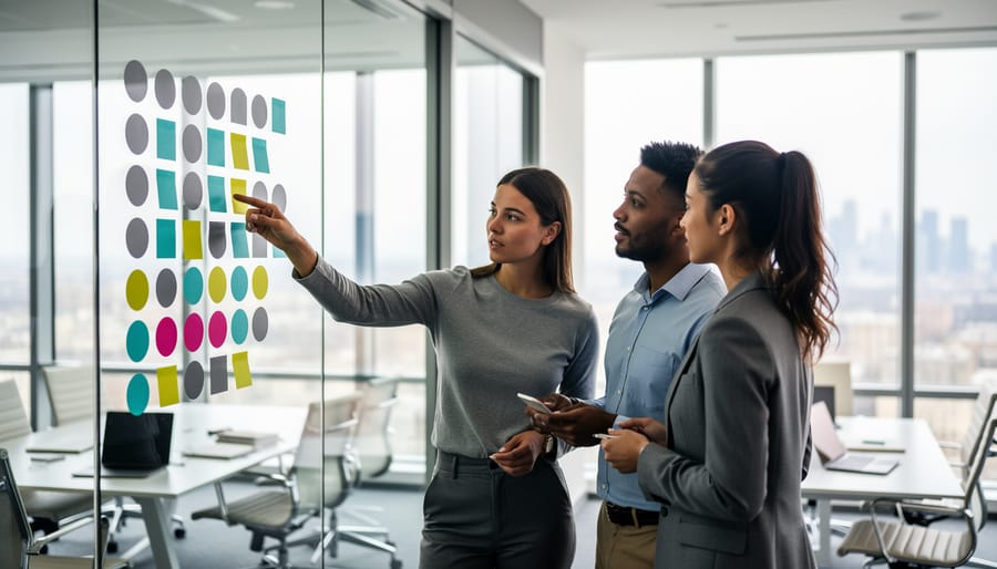 Diverse team gathered at a glass wall filled with blank colorful sticky notes and dot stickers, one person pointing as others watch, soft daylight and blurred city skyline in the background.