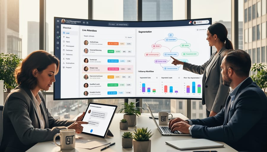 Business team collaborating with laptops and reviewing lead data at conference table