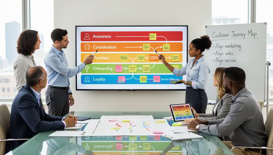 Business team collaborating around a visual customer journey map on conference table
