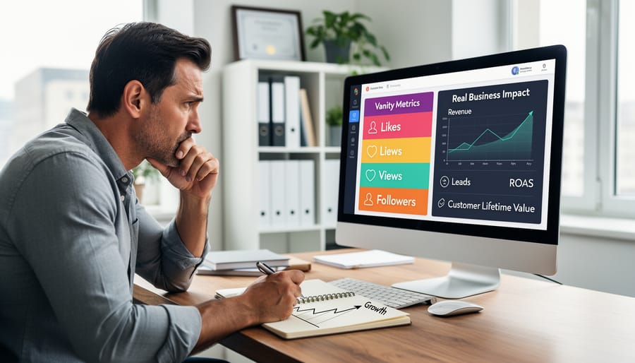 Business person reviewing advertising analytics on laptop with concerned expression