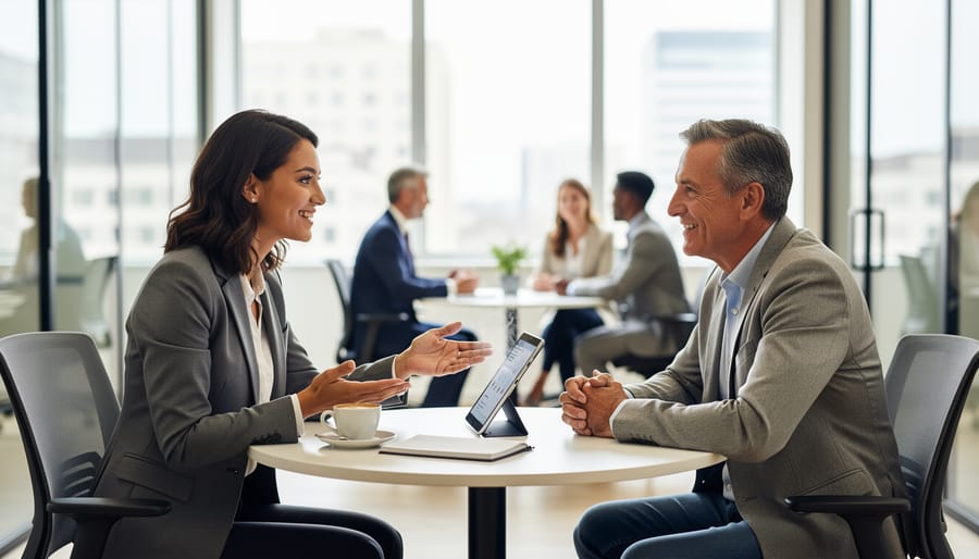 Professional having genuine empathetic conversation with client in modern office environment