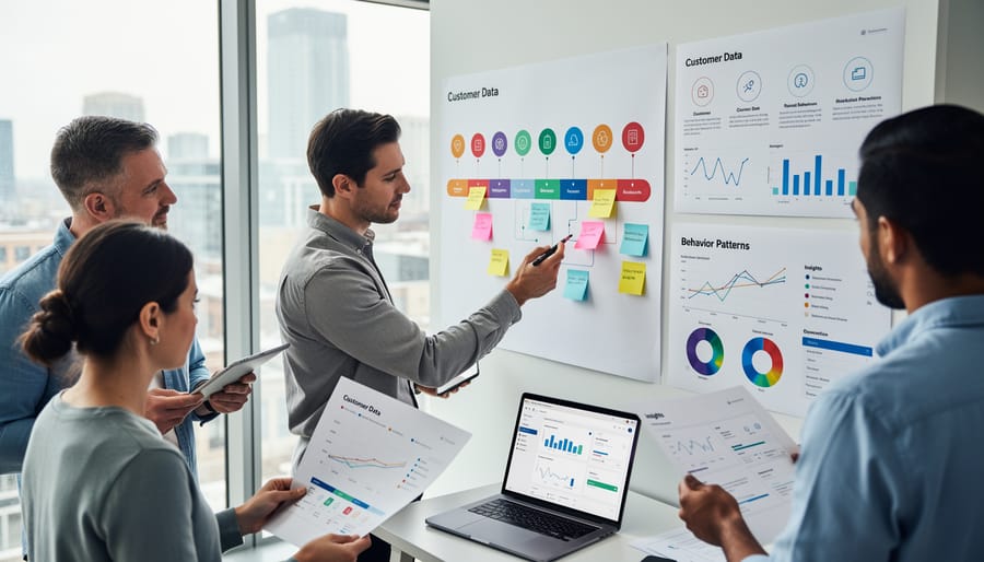 Marketing professional comparing visual journey map with customer analytics data