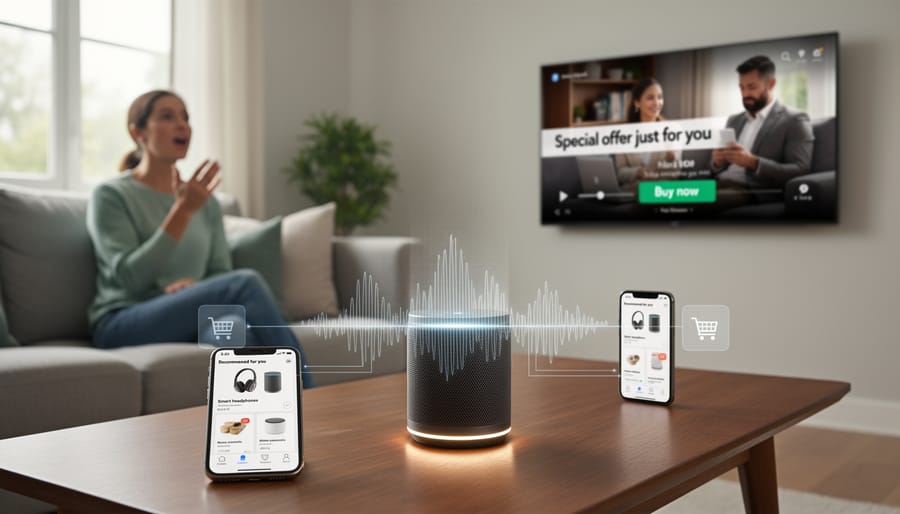 Smart speaker device on desk representing voice-activated marketing technology