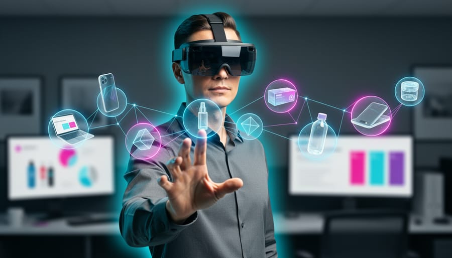Business professional in an office wearing a VR/AR headset, reaching toward floating holographic nodes connected to 3D product models, cool blue lighting and blurred monitors in the background, no visible text.