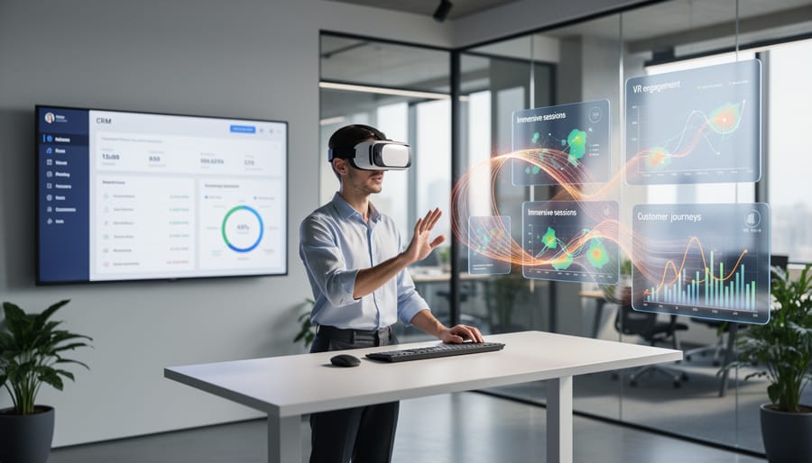 Business professional using VR headset to interact with customer data in office environment
