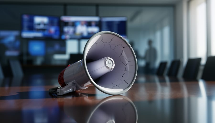 Cracked white megaphone lying on its side on a reflective boardroom table under dramatic side lighting, with blurred newsroom monitors and a glass-walled office in the background, no visible text or logos.
