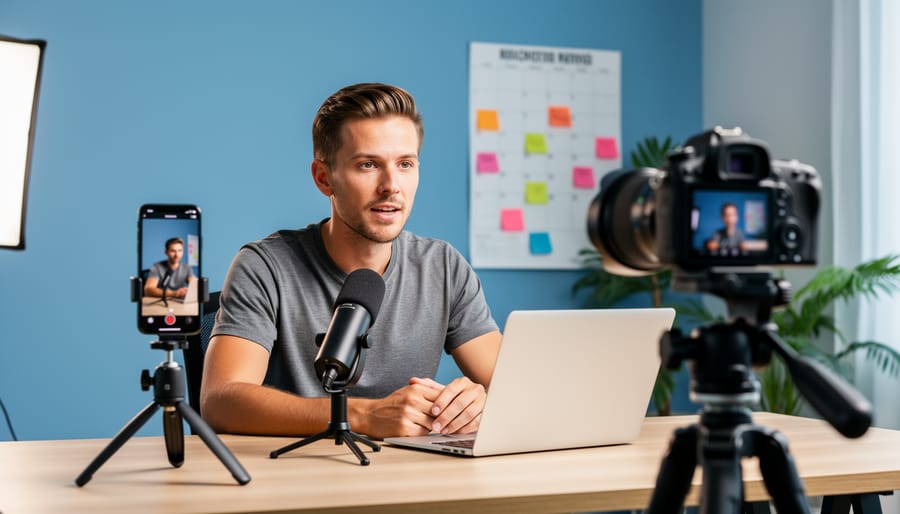 Content creator at a minimalist studio desk speaking to a mirrorless camera on a tripod, with a second phone camera for vertical clips; soft side lighting and a blurred wall calendar with sticky notes and studio gear behind.