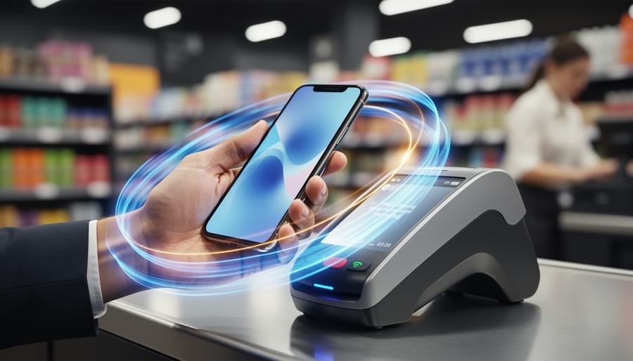 Shopper holding a smartphone near a contactless payment terminal with glowing light trails symbolizing adaptive AI rewards, in a retail store with blurred shelves and a cashier silhouette, no visible screen text