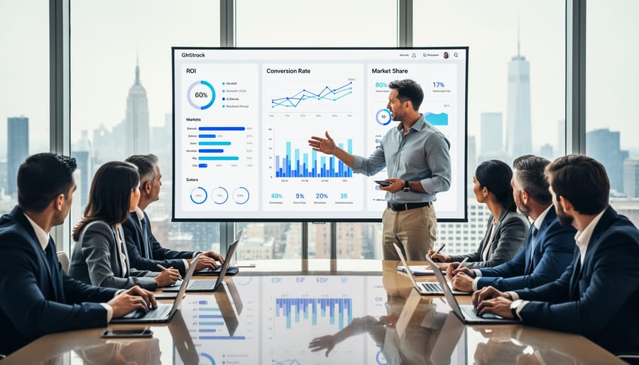 Business professional reviewing digital advertising analytics on laptop