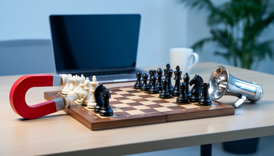 Chessboard on wooden desk with a U-shaped magnet attracting white pawns and a small megaphone nudging black pieces, symbolizing push and pull advertising strategies, with a blurred laptop, mug, and plant in the background.
