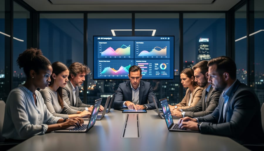Diverse marketing team in a modern glass-walled conference room reviewing laptops with AI analytics, thoughtful expressions, dramatic side lighting, and blurred dashboards without visible text, with city lights visible beyond the glass.