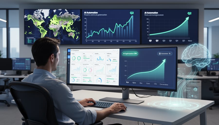 Professional working on laptop with AI-powered PPC optimization tools