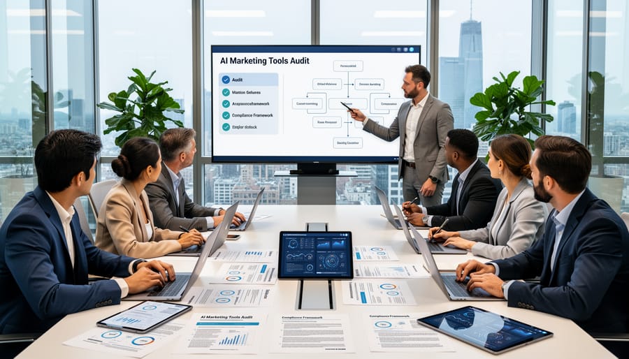 Business team conducting compliance audit of AI marketing tools and documentation