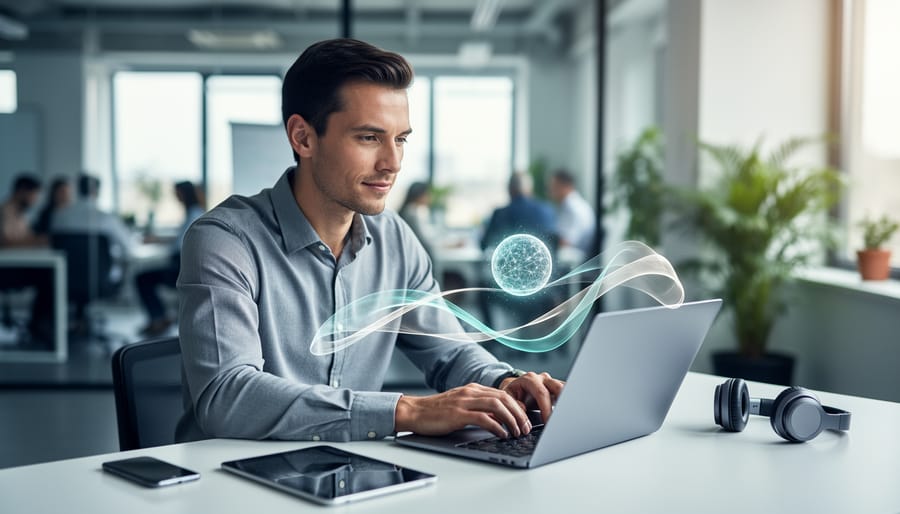 Customer success manager at a desk using a laptop while smartphone, headset, and tablet sit nearby, with subtle light trails forming a small glowing hub above the keyboard to represent AI-organized feedback; soft daylight and blurred office background