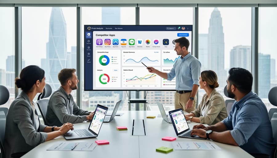 Marketing professional reviewing mobile app performance data and competitor analysis