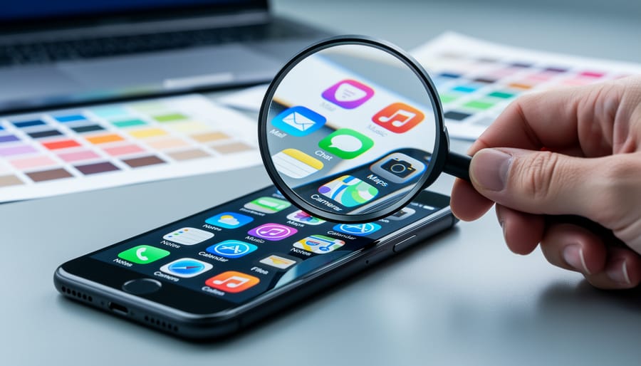Hand holding a magnifying glass over a smartphone displaying generic colorful app icons on a clean desk, with a blurred laptop and color swatches in the background, under soft studio lighting.